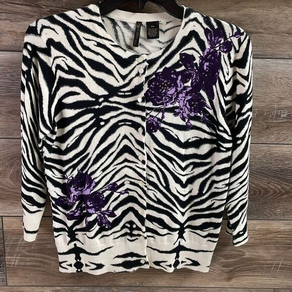 Nue Options Button Up Sweater Cardigan, Ladies Petite Small, Zebra Print - Picture 1 of 5